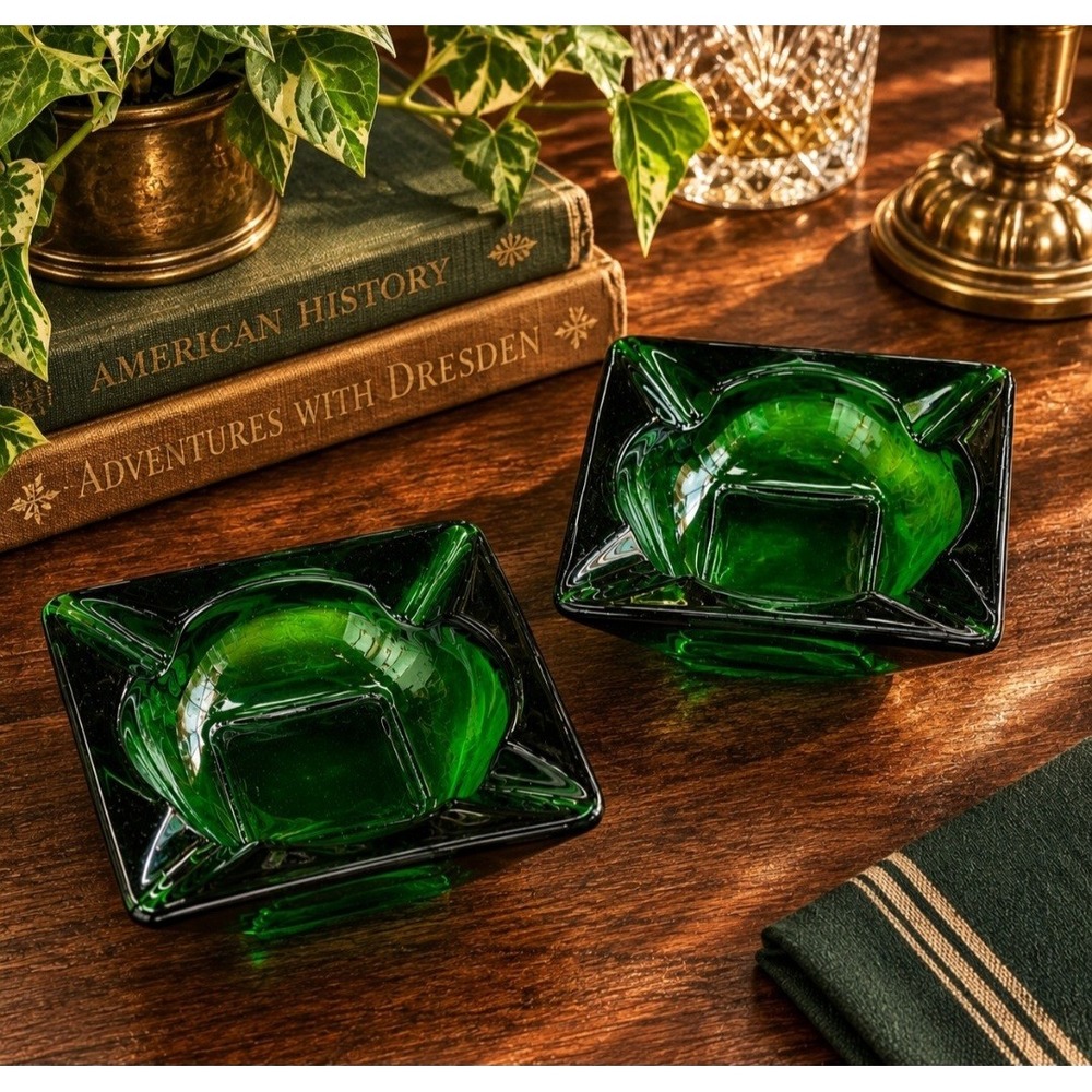 Vintage Pair Emerald Green Glass Ashtrays Square Geometric Heavy Glass